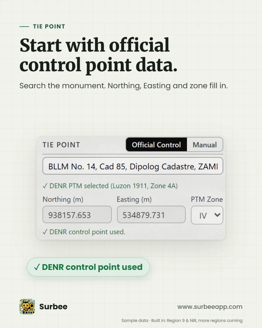 Start with official control point data. Search the monument: Northing, Easting and zone fill in.