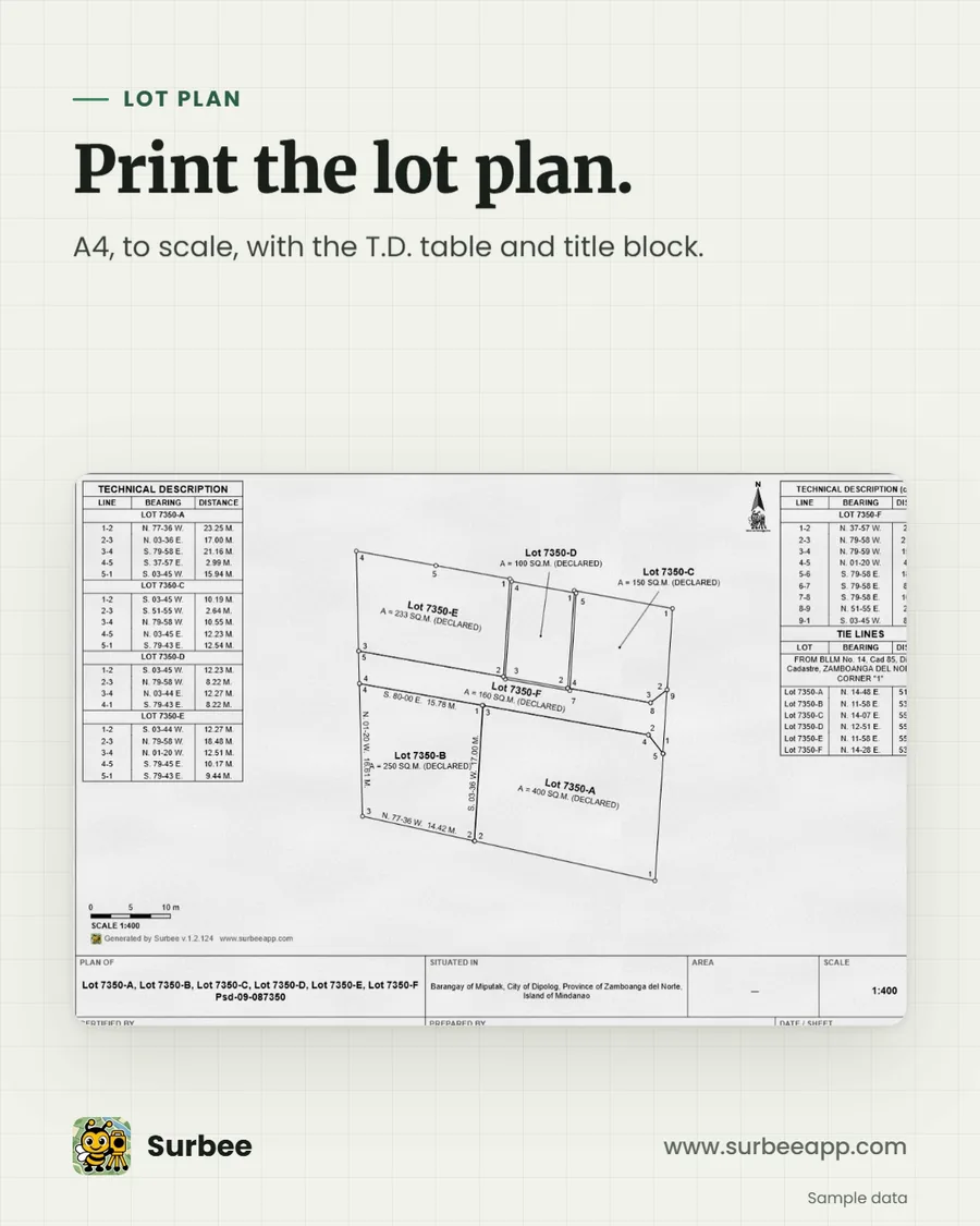 Print the lot plan. A4, to scale, with the T.D. table and title block.