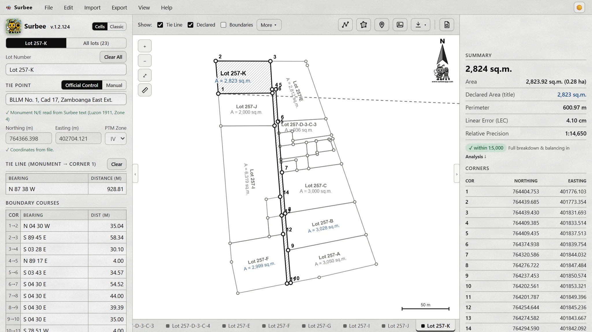 A subdivision of 23 lots on one map in Surbee, the open lot outlined, with its courses and corner coordinates.